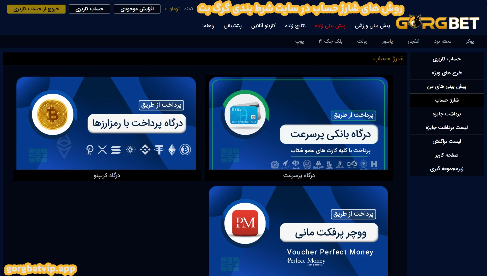 روش های شارژ حساب در سایت شرط بندی گرگ بت